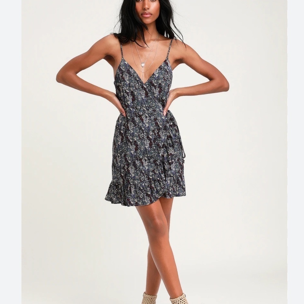 Free People Intimately All My Love Purple Floral Wrap Mini Dress Ruffle Small
